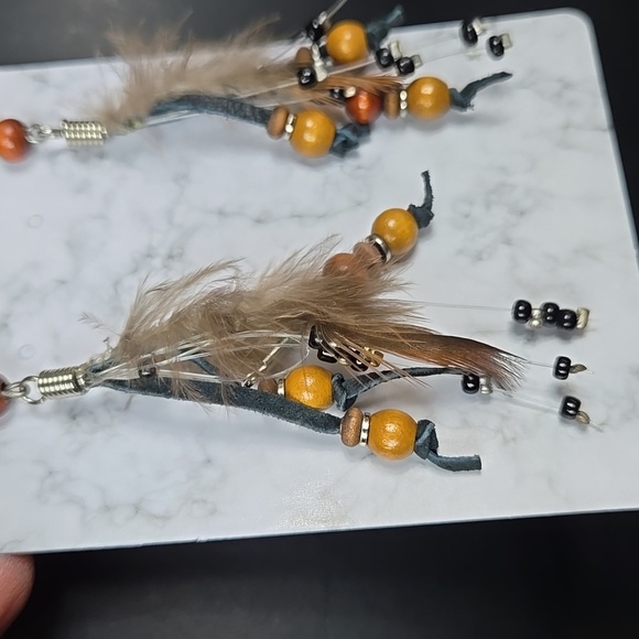 Vintage Feather and Bead Dangle Earrings - Picture 7 of 17
